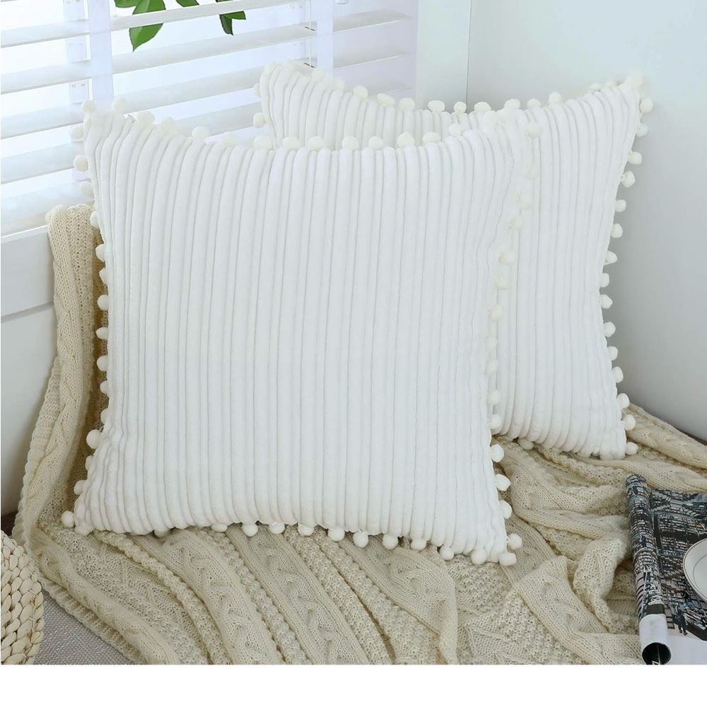 Set of 2 Cream Ribbed Accent Pillow Covers with Pom-Pom Trim